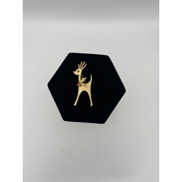 Christmas Reindeer Brooch Gold Tone Red Green Accents 2.5" - Picture 2 of 8